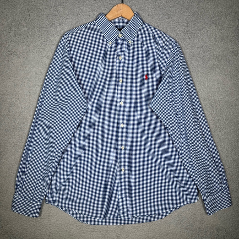Ralph Lauren Mens L Blue Check Custom Fit Long Sleeve Button Down Shirt